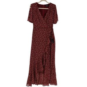 Lulu's Women's Good Moments Burgundy Floral Print Split Sleeve Faux Wrap Dress M